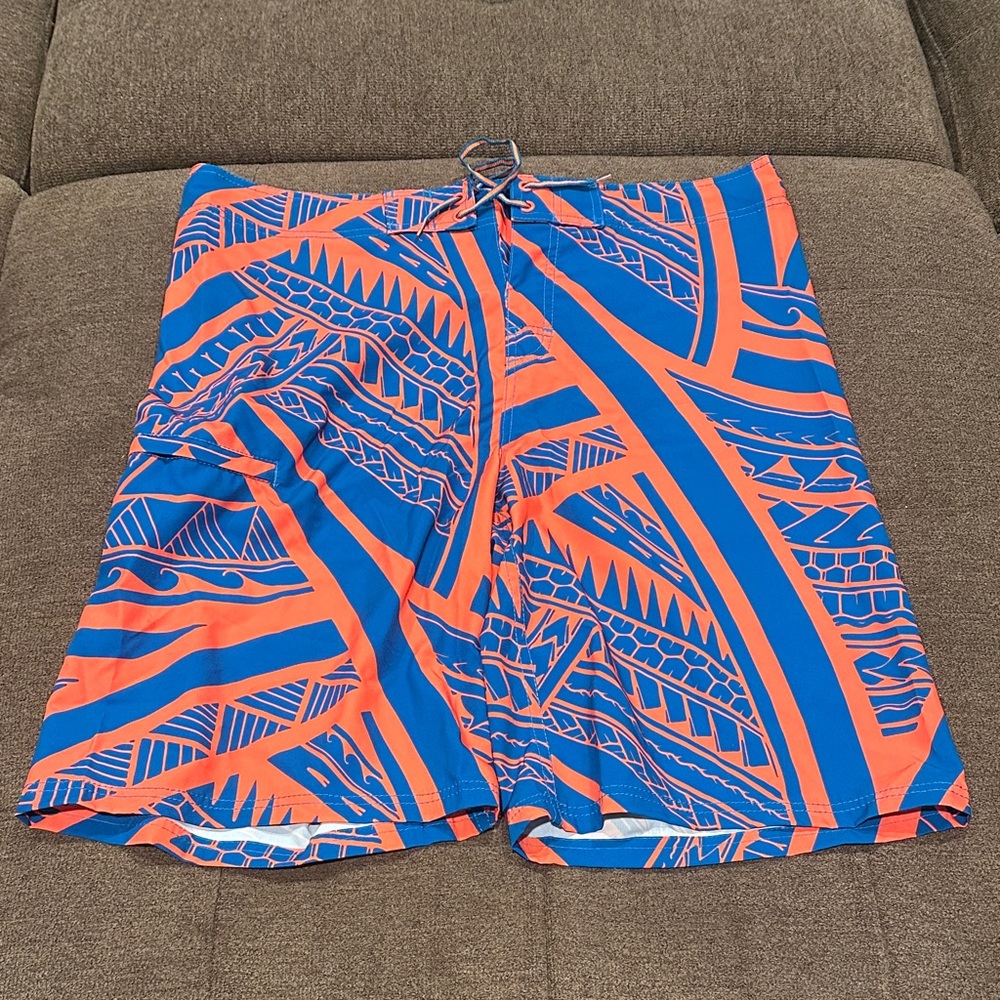 Bold Patterned Blue and Orange Board Shorts
